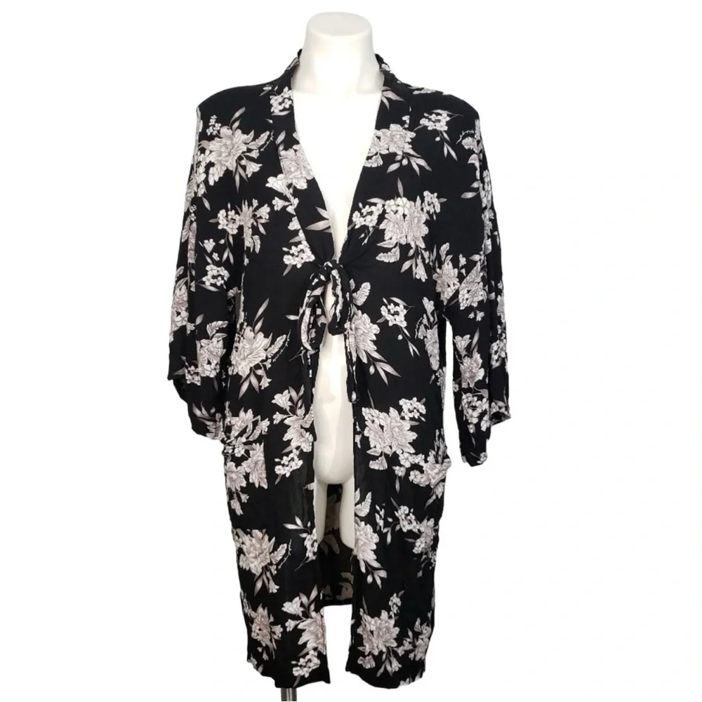 Spiritual Gangster Maya Floral Kimono Duster Tie Front Black Boho Cover Up OS